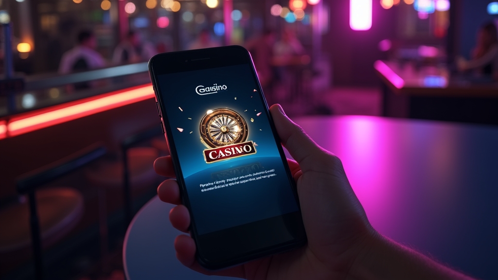 Smartphone mit Coinsgame-App neben Android- und iPhone-Symbolen im Casino-Licht
