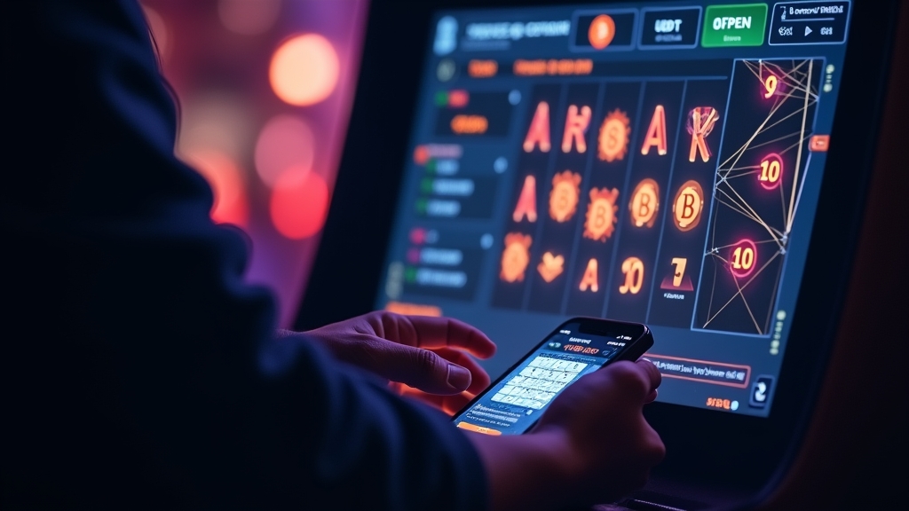 Spieler prüft eine Krypto-Einzahlung in einer dunklen Casino-Umgebung